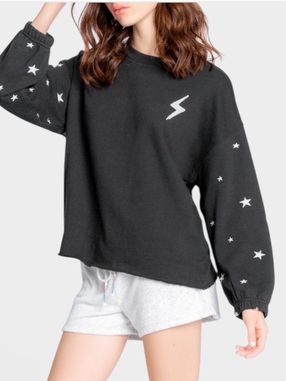NWT PJ Salvage Black Lightning Bolt Star Embroidered Sleeves Sweatshirt